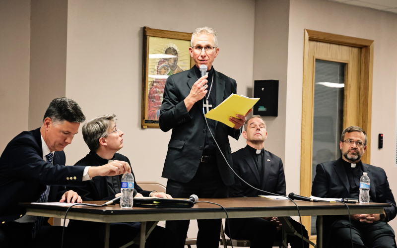 From left, Deacon Rob Rysavy, chief of operations for the Catholic Diocese of Sioux Falls; Father Larry Regynski; Bishop Donald DeGrood; Very Rev. Andrew Young, vicar general; and Very Rev. Andrew Dickinson, vicar general for Set Ablaze, address St. Joseph parishioners during a meeting Thursday, Aug. 20, at St. Wilfrid Catholic Church in Woonsocket. Church leaders announced during the meeting that St. Joseph Catholic Church in Wessington Springs, damaged by fire in December, will not be rebuilt.