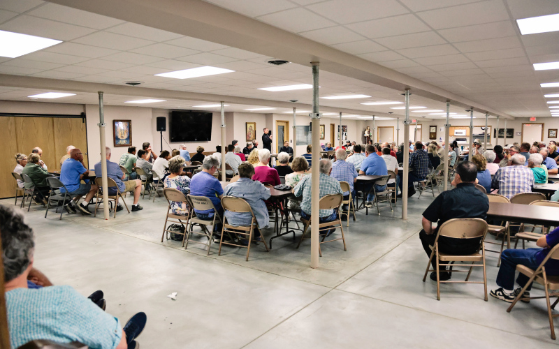 A large crowd of St. Joseph parishioners and community supporters fills the basement of St. Wilfrid Catholic Church in Woonsocket for the Aug. 20 meeting with Diocese of Sioux Falls leadership regarding the future of St. Joseph Catholic Church in Wessington Springs.