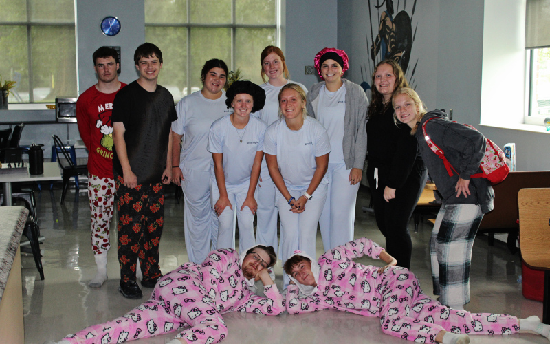 PAJAMA DAY FUN — Wessington Springs High School seniors ham it up for the camera Monday during Pajama Day, the first of a week’s worth of dress-up themes and activities celebrating Homecoming Week.  (PHOTOS BY TEAGAN SCHEEL WSHS JOURNALISM STUDENT)