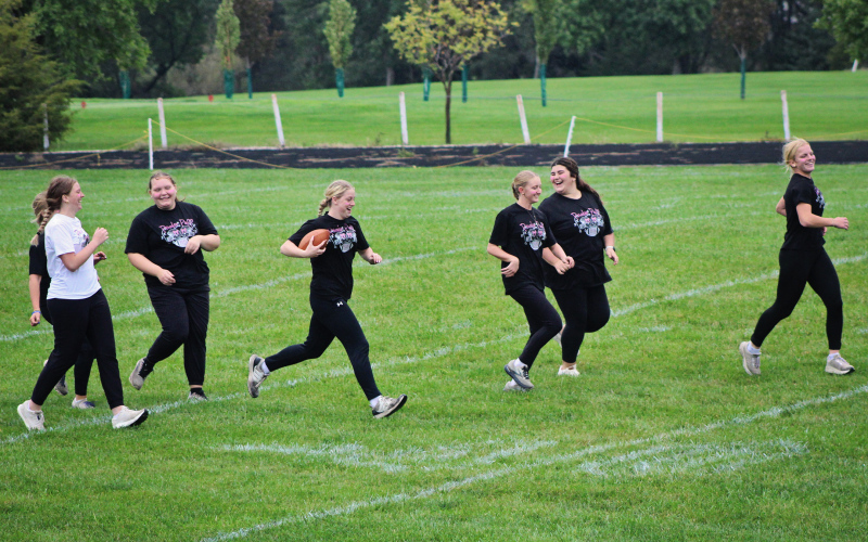 POWDERPUFF SHOWDOWN — Homecoming competition moved to the football field Friday as WSHS girls faced off in Powderpuff football. The seniors and sophomores battled to a tie before the seniors claimed the win in a kickoff competition. (PHOTOS BY TEAGAN SCHEEL WSHS JOURNALISM STUDENT)