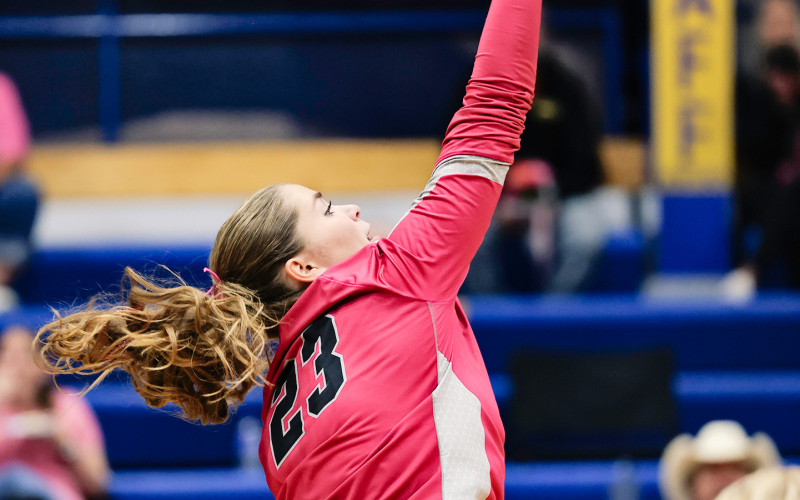 The Wessington Springs Lady Spartans’ Volley for a Cure night brought players, families and fans together to raise awareness and support those affected by cancer.  Kaitlyn Braun spikes the ball during volleyball action.