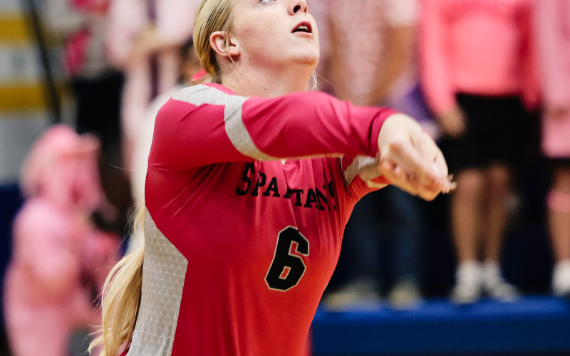 Jewel McGeough gets under the ball during volleyball action last Thursday.