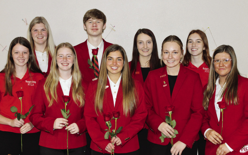 At the annual FCCLA banquet event last Thursday, the 2023-2024 FCCLA Senior Chapter Officers were installed. Pictured front row, left to right: Hannah Heezen, Treasurer; Sydney Richardson, VP of Projects/Activities; Alyssa Grohs, President; Haeleigh Mulder, Historian; Mercedes Jones, VP of Community Service. Back row: Avery Orth, Parliamentarian, Branden Flowers, VP of Public Relations; Carissa Scheel, Secretary; Caroline Witte, Secretary.PHOTO COURTESY CHARLOTTE MOHLING