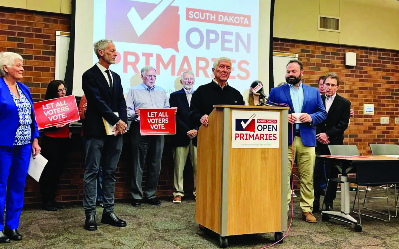 Tom Dempster, a former state senator and Minnehaha County Commissioner, speaks at a press conference to announce the signature drive to put a constitutional amendment that would allow for open primaries on the 2024 general election ballot in Sioux Falls on April 19, 2022. PHOTO: ANNIE TODD / ARGUS LEADER