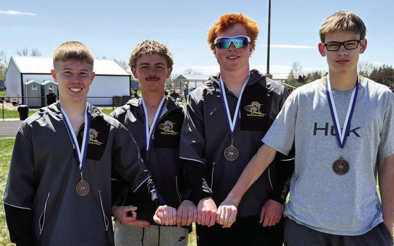 The boys’ two-mile relay team of Max Mebius, Sutten Jensen, Ezra Anson and Nolan Schaller placed fifth in 9:24.44 at the Greenway Relays. (PHOTO COURTESY BECKY BELL-KRUEGER)