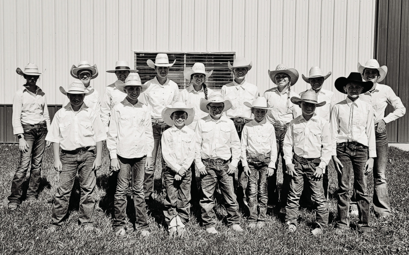 Back Row: Audrey DeCoste, Ella Kolousek, Sarah Poncelow, Hannah Heezen, Abigail Kolousek, Raylee Fagerhaug, Rylan Fagerhaug, Caroline Witte. Front Row: Connor Karsky, Lily Roesler, Kaddilac Coleman, Kopper Kroeplin, Crawleigh Reiner, Parker Karsky, Alexis Roesler. The 2023 Jerauld/Buffalo County Horse Show was held on Thursday July 6 at the Jerauld County 4-H Horse Arena with Mysty Schaunaman as the judge. Area youth made up 16 exhibitors participating in a variety of events.