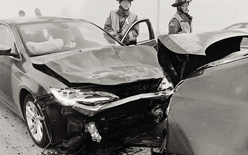 Emergency workers examine a November 2021 multi-car accident in Lincoln County that was caused by fog but also driver distraction. PHOTO: COURTESY SOUTH DAKOTA HIGHWAY PATROL