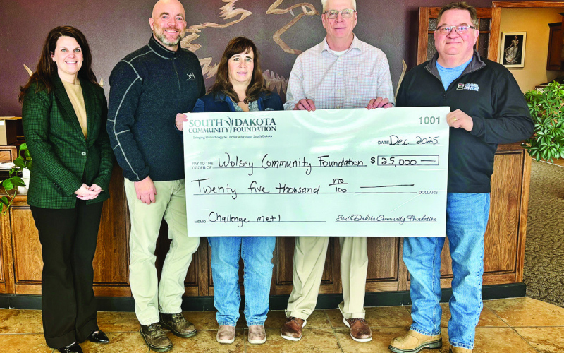 From left, Jamie Farmen, SD Community Foundation, presents the challenge grant to Wolsey Community Foundation board members Ted Haeder, Donna Haeder, Jim Babcock and Robert McGillvrey (not pictured Melva Beals). (PHOTO COURTESY SOUTH DAKOTA COMMUNITY FOUNDATION)