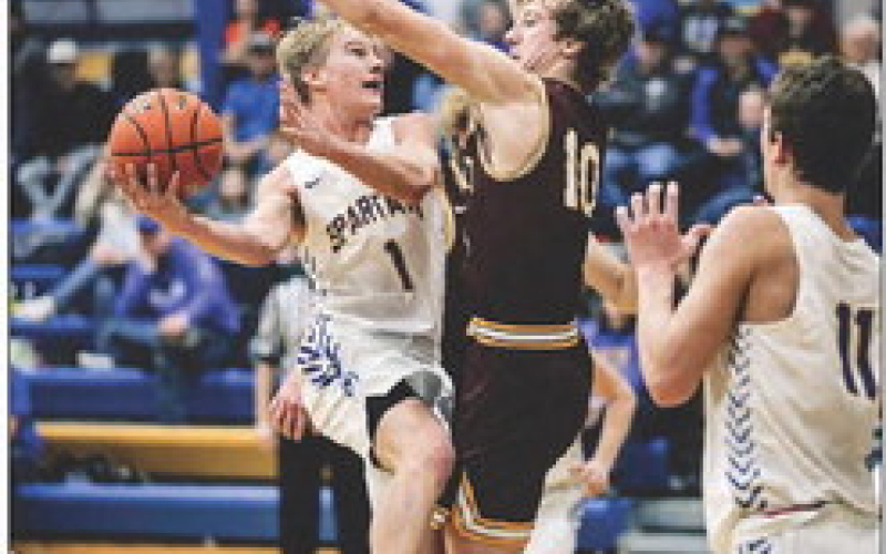 KRISTI HINE / TRUE DAKOTAN Shown clockwise from top during home basketball action vs Ethan Friday: Brock Krueger, Jack Neely, Colby Flowers, Parker Graff, Blake Larson.