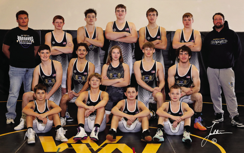 SHOWN FRONT ROW, LEFT TO RIGHT: Parker Couch, Ben Carter, Lorin Schaller, Liam Mees. CENTER: Chase Dunsmore, Corey Roberts, Camille Rearick, Jacksen Carter, Ethan Rearick. BACK ROW: Coach Keegan Haider, Tanner Johnsen, Rio Zaher, Jaspur Gran, Carson Finn, Hayes Christensen and Head Coach Adam Haake. (PHOTO COURTESY LANDSTROM PHOTOGRAPHY)