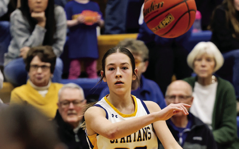 CLOCKWISE FROM TOP: Lady Spartans, Mariah Messmer, Kerstynn Heim and Kenzie Kolousek are shown during home basketball action against Tripp-Delmont/Armour February 8, 2025. KRISTI HINE / TRUE DAKOTAN
