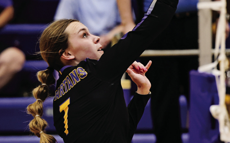 Ashlyn Weber (pictured at center) and Kendall Kolousek (pictured at left) each had five ace serves, with 11 kills from Weber and eight kills from