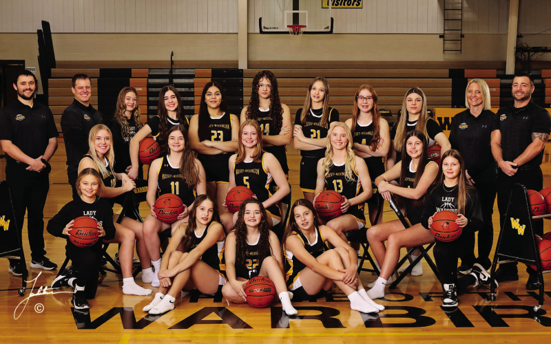 SHOWN BACK ROW, LEFT TO RIGHT: Assistant Coaches Colton Ketelhut and Michael Eichstadt, Eastlyn Burton, Ana Carmona, Preslie Jensen, Tyla Boomsma, Juliana Lind, Kaydence Sievers, Assistant Coach Lindy Uttecht, Head Coach Josh McGillvrey. CENTER: Shae Uttecht, Payton Peterson, Maria Nelson, Kendal Uttecht, Taylor Eichstadt. FRONT: Raya Toupal, Kenley Miedema, Lily Toupal. (PHOTO COURTESY LANDSTROM PHOTOGRAPHY)