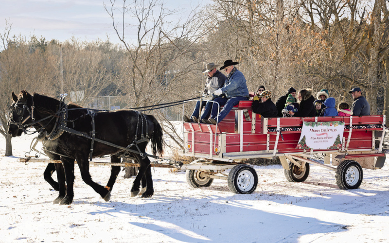 A horse-drawn wagon makes its way through a snow-covered city park during last year’s event. The popular tradition returns for the 2025 Winter Magic in the Park kick off.