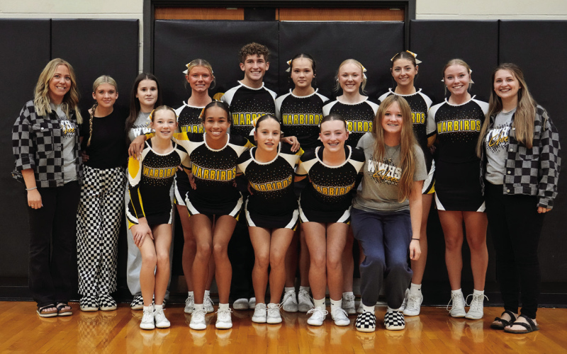 The Wolsey-Wessington Warbird Competitive Cheer Team will compete at state this Friday. Pictured are, front row, from left: Taryn Rainford, Abigail Huntsinger, Raya Toupal, Skye Tschetter, Ciera Stevens. Back row, from left: Brandee Kelsey, Annie Allerdings, Manon Houze, Allison Hulst, Carson Walters, Preslie Jensen, Amanah Woodruff, Lily Hoverson, Shae Uttecht and Kylie Martin. PHOTO COURTESY CRAIG WOLLMAN