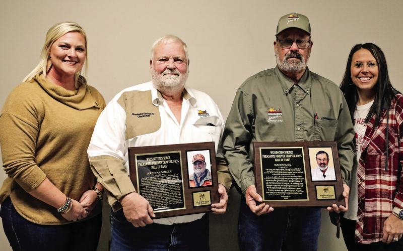 Two longtime conservation advocates and Wessington Springs Chapter Pheasants Forever founding members Fred Krohmer (left) and Dan Kruse were inducted into the chapter’s Hall of Fame at the banquet, honoring the duo for their many decades of dedication to habitat, education and conservation in the area. Krohmer and Kruse are pictured with their daughters, Kali Holt and Sherri Weeldreyer. 