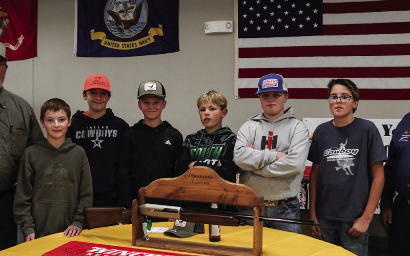 Pheasants Forever Youth Hunt participants drew cards for a gun sponsored by Pheasants Forever and Mustang Seeds. The lucky winner was Emmitt Feistner, shown with Dan Kruse (far left). Other youth in attendance were Teagan Scheel, Hunter Heezen, Nolan Schaller, Hudson Weber and Drake Tobin. Steve Winter, HuntSAFE instructor and Pheasants Forever member is shown at right.