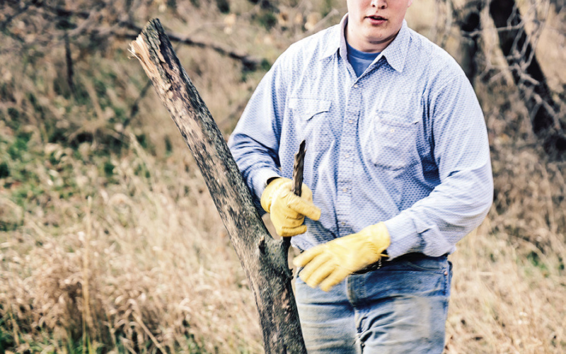 Max Klein clears downed tree branches as part of the cleanup effort.