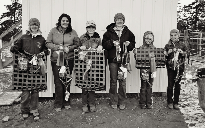 All Around Champions shown left to right: Grand Champion Senior: Bailey Feistner, Reserve Champion Senior: Delaney Zoss, Grand Champion Junior: Lily Roesler, Reserve Champion Junior: Kahris Tapio, Grand Champion Beginner: Magda Martinez, Reserve Champion Beginner: Hallie Hayford