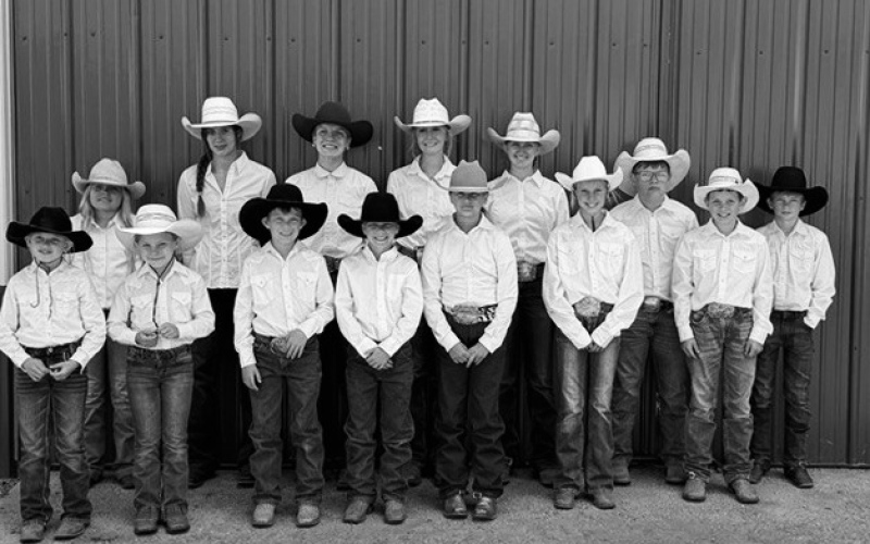 County Horse Show contestants are pictured above, front row, left to right: Ryklynn Reiner, Presley Wilde, Kix Coleman, Kactus Coleman, Koral Kroeplin, Crawleigh Reiner, Kershaw Reiner. Back row, left to right: Paisley Kapp, Riata Kobold, Ella Kolousek, Lily Roesler, Alexis Roesler, Kopper Kroeplin, and Kaddilac Coleman. (PHOTO COURTESY JERAULD-BUFFALO 4-H)