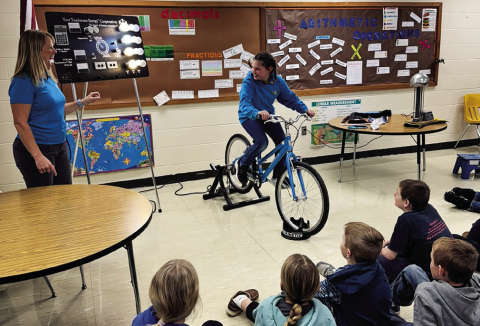 Students demonstrated how electricity is made with a pedal bike generator that powers light bulbs.