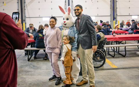 Baleigh, Athena and Deion Sails pose for a photo with the Easter Bunny at the Wessington Springs Fire Hall Saturday morning. More about the grandson and great granddaughters of Dar Cuppy can be found in her column on PAGE SIX. 