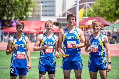 PHOTO BY J. VON EYE IMAGES FOR THE TRUE DAKOTAN The boys 3200m relay ran a season PR crossing the finish line in 8:42.47 to capture the 8th place medal. Members of the 8th place squad were (left to right) Sam Poncelow, AJ Neely, Mason Schelske and Porter Walz. 