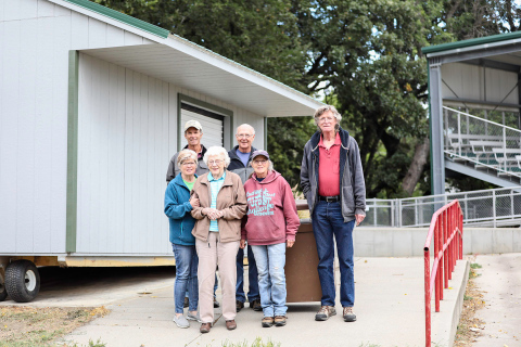 KRISTI HINE / TRUE DAKOTAN  Shown left to right in front of the new concession stand the Jerry Higgins family purchased for the ball field in Wessington Springs are, back row: Randy Shultz, Mike Mebius, Jerry Higgins Jr.. Front row: Terri Mebius, Betty Higgins and Jean Shultz.