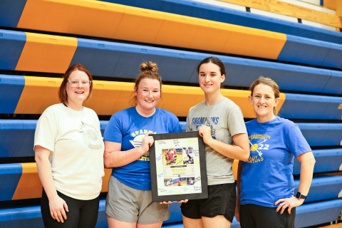 The two senior Lady Spartan volleyball players were honored last week during senior night. Shown at the gym are, left to right: Assistant Coach Kaci Anson, Riley Roduner, Sarah Poncelow and Head Coach Lynn Neely. KRISTI HINE / TRUE DAKOTAN