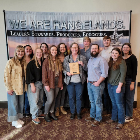 Members of the SDSU URME Team from left to right include: back row – Alexandra Medvec, Sarah Hayden, Kaitlin Schieuer, John Sump, Landon Wolter, Rachel Savage, front row – Annie Feden, Sierra Sattler, Elise Anderson, Dr. Lora Perkins (URME coach), Tyler Geltmacher, Kaitlyn Preszler. Not pictured Dr. Maribeth Latvis (Plant ID Coach).