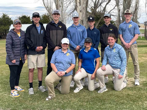 COURTESY PHOTO Spartan golfers shown on the home course in Springs, left to right, are, front row: Taylor Braun, Mariah Messmer, Kirstie Munsen. Back row: Coach Regina Teveldal, Blake MIller, Brock Krueger, Blake Larson, JD Thompson, Heyns Bothma, Luke Larson.