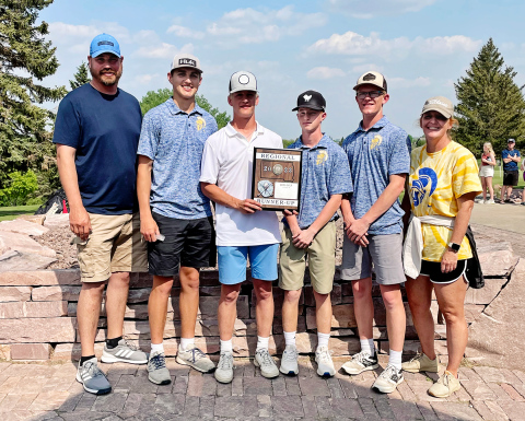 COURTESY PHOTO Shown left to right at the regional meet held May 23 in Dell Rapids are: Assistant Golf Coach Brian Amick, Brock Krueger, Blake Larson, JD Thompson, Luke Larson and Head Golf Coach for the Spartans Regina Teveldal. The team above qualified for competition at the state tournament scheduled for June 5-6 in Watertown.