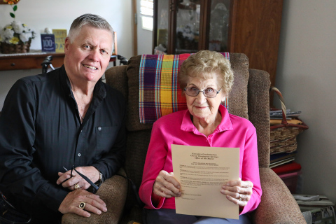 KRISTI HINE / TRUE DAKOTAN Irene Hohn is shown as she is presented with an Executive Proclamation from the City of Wessington Springs by Mayor Brian Bergeleen. The Proclamation recognizes the 100th birthday of Hohn, declaring June 23, 2023 “Irene Hohn Day” on behalf of the city council and citizens of Wessington Springs, in honor of her long life and prosperity.