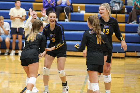 High-fives all around during last week’s Lady Spartans volleyball victory in Wessington Springs vs. Iroquois / Lake Preston. Shown clockwise from left are: Alyssa Grohs, Ashlyn Weber, Carissa Scheel, Avery Orth and Hannah Heezen. 