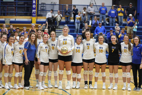Avery Orth (center) had 21 kills and 16 blocks in addition to earning an impressive milestone: 1,000 digs. On the heels of reaching 1,000 kills last month, Head Coach Lynn Damm touts this achievement as a testament to her hard work.