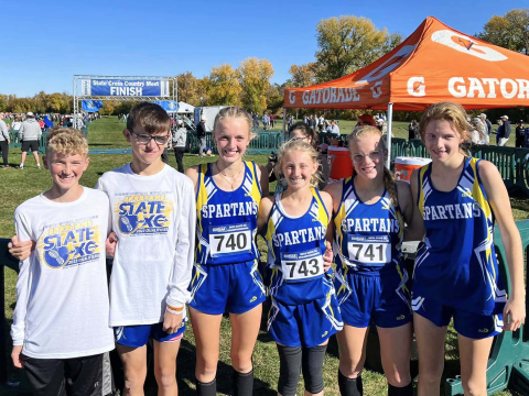 PHOTO COURTESY BECKY KRUEGER Shown left to right at the state cross country meet in Sioux Falls are: Tucker Thompson, Ranick Fjerstad, Abby Kolousek, Alexis Roesler, Ella Kolousek and Masynn Mebius.