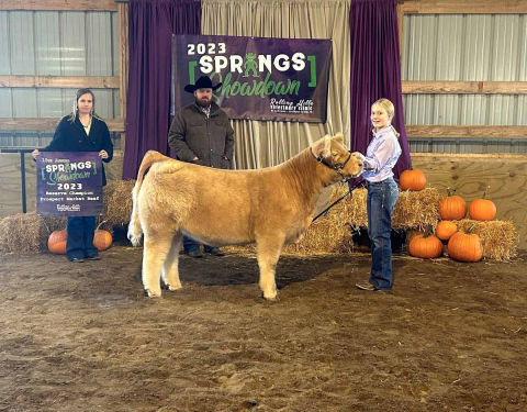 Kaebry Woodin of Wessington Springs exhibited the Reserve Market Beef at the Springs Showdown with her market heifer.