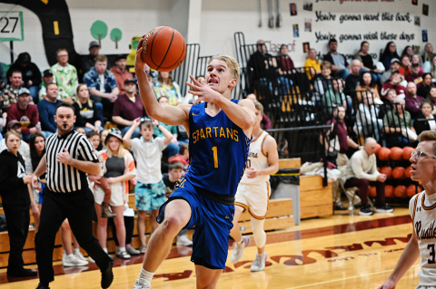 The Spartans brought home a big win after battling it out against Ethan on the road last Friday, January 5, emerging victorious 49-- 38. Parker Graff led with 16 points, followed by Ryder Michalek with 15 points. Blake Larson (shown above) had 8 points, Colby Flowers finished with 7 and Karter Mebius had 3. PHOTO COURTESY 605 SPORTS / TREY KAUL
