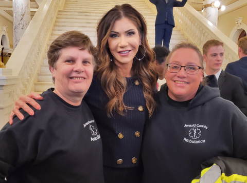Jerauld County Ambulance Service’s Deb Doering (left) and Deb Fastnacht (right) with Governor Kristi Noem at EMS Day in Pierre.
