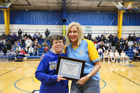 Representing the third annual class of hall-of-famers, 2024 WSHS Athletic Hall of Fame inductees were honored Friday, February 23 at the home double header basketball game. Shown left to right with WSHS Athletic Hall of Fame Committee Member Julie Kraft is one of this year’s inductees, Brenda Lee.