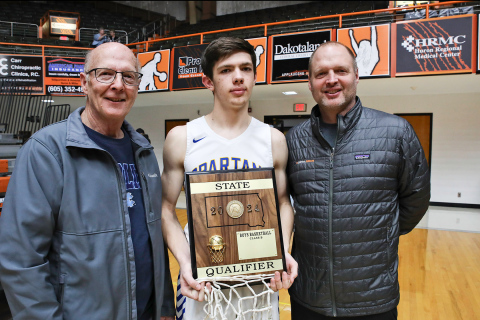 Mike, Karter and Darrin Mebius at the SoDak 16. This year marks three times to the state tournament for the Spartans with a Mebius on the roster each appearance: Mike in 1967, Darrin  in 1994 and now Karter in 2024.   
