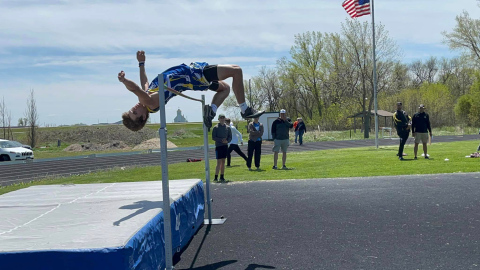 PHOTO COURTESY COACH BECKY KRUEGER.  Ryder Michalek competed in two field events He landed 19’ 8.5” in the long jump in his first three attempts this year and in high jump he cleared 5’ 10” for 3rd place. 