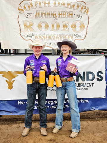 Two local youth qualified to the Junior High Rodeo National Team during the South Dakota Junior High State Finals Rodeo. Shown above are Wyatt Fagerhaug and Londyn Mikkelson. PHOTO COURTESY SHANNON FAGERHAUG 