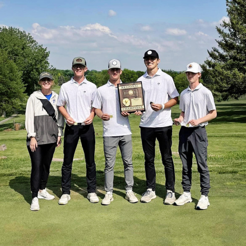 The 2B Regional Champions with Coach Regina Teveldal, Luke Larson, Blake Larson, Brock Krueger and JD Thompson.