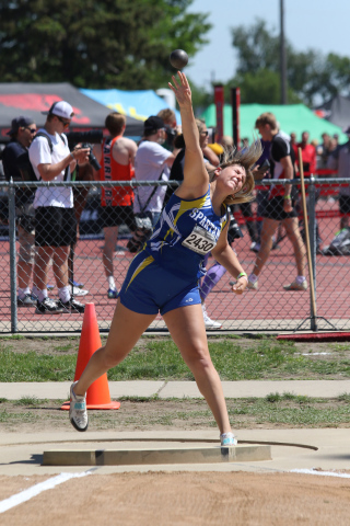 Avery Orth left her mark in girls shot put as she walked out of the ring to stand up on the podium in 2nd place for girls Class B. Her season’s best remains the school record, 40’ 8.” PHOTO COURTESY SDPB