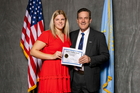 Wessington Springs High School senior Avery Orth was chosen as the “Best and Brightest” designee for Wessington Springs. She is shown woth Lieutenant Governor Larry Rhoden. PHOTO COURTESY ASBSD