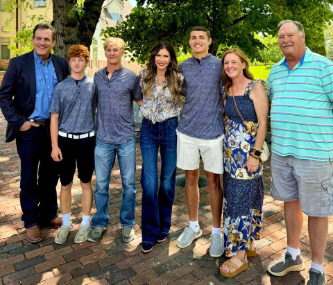 Shown left to right at the Governor’s Champions Luncheon are: Lt. Governor Larry Rhoden, JD Thompson, Blake Larson, Governor Kristi Noem, Brock Krueger, Head Coach Regina Teveldal, Assistant Coach Pat Law. Not pictured Luke Larson.