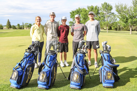 Shown at Friday's community send off for the state-bound Spartans are, left to right: Head Golf Coach Regina Teveldal, Luke Larson, JD Thompson, Blake Larson and Brock Krueger. 