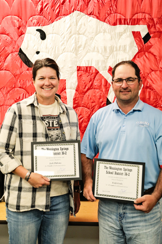 Jacki Bultsma and Todd Grohs display recognition certificates for their service on the Wessington Springs Board of Education. Bultsma served three years and Grohs served 13 years. Jennifer Jensen, not pictured, was also honored for four years of service. KRISTI HINE / TRUE DAKOTAN