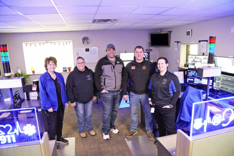 Shown at the Huron 911 Dispatch Center are, left to right: Lisa McWethy, 911 Telecommunications Dispatch Supervisor; Deb Fastnacht, Jerauld County Ambulance Director; Eric Schroeder, Wessington Springs Fire Chief; Jerauld County Sheriff Jason Weber; Kaeden Nelson-Hare, 911 Telecommunication Dispatcher.